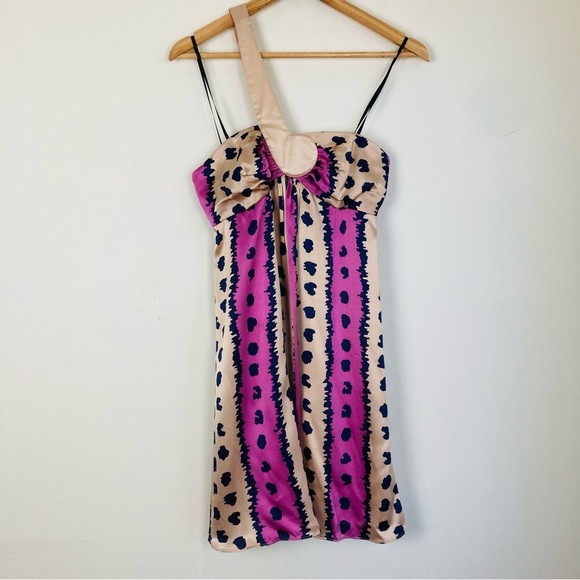 Vintage Y2K Laundry babydoll mini dress in purple, black & tan 100% silk. NWT 2 - Picture 2 of 7